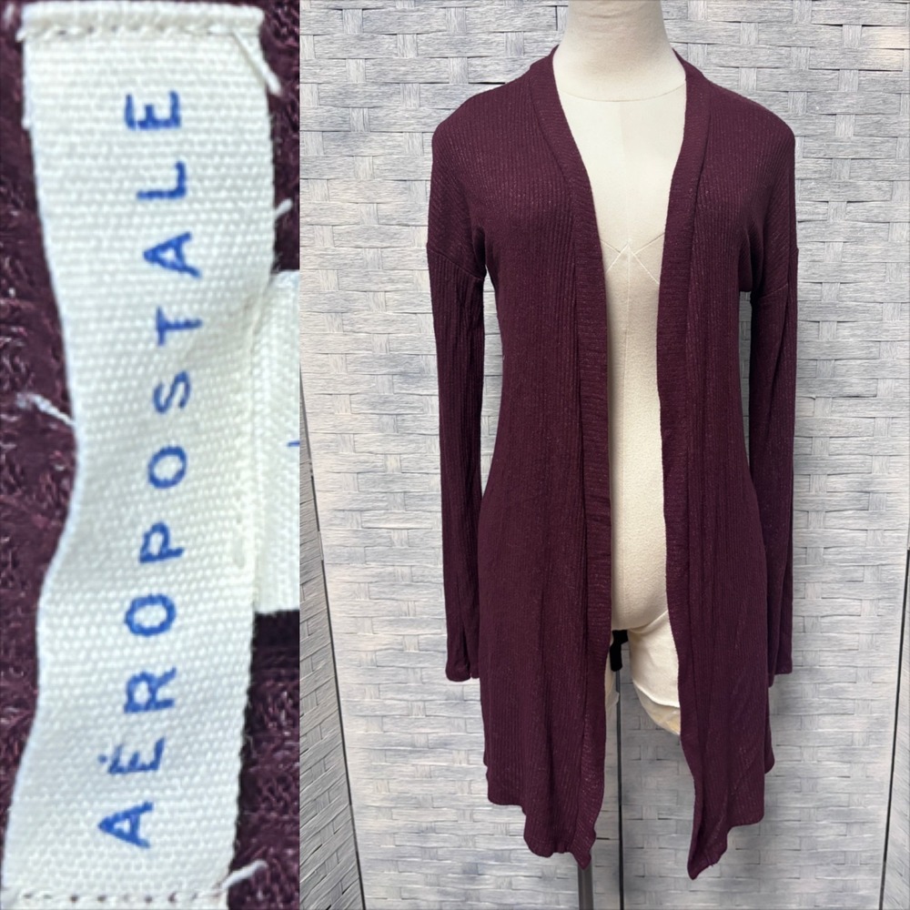 Aeropostale Cardigan Womens Large Burgundy Longline Open Front Ribbed